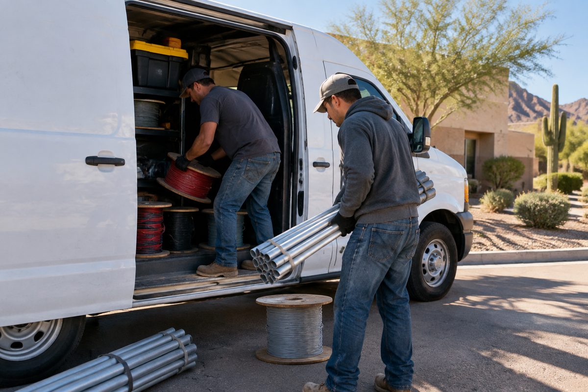 Two electricians unloading wire spools and conduit from a work van at a Phoenix job site