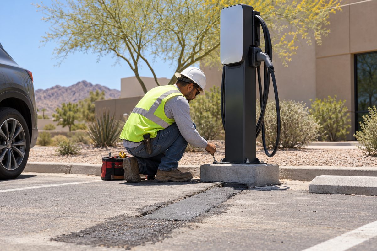 Electrician finishing a pedestal EV charger on a new concrete pad in a sunlit commercial parking lot