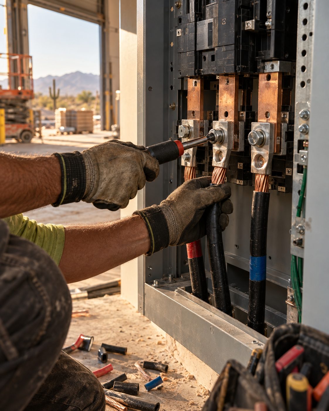Electrician torquing a copper conductor into a lug inside an open commercial panelboard