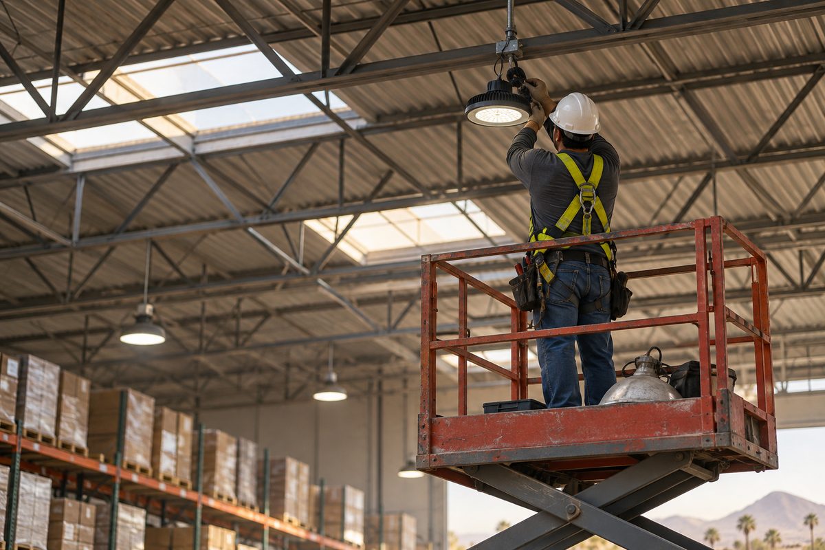 Electrician on a scissor lift installing an LED high-bay fixture under a warehouse roof