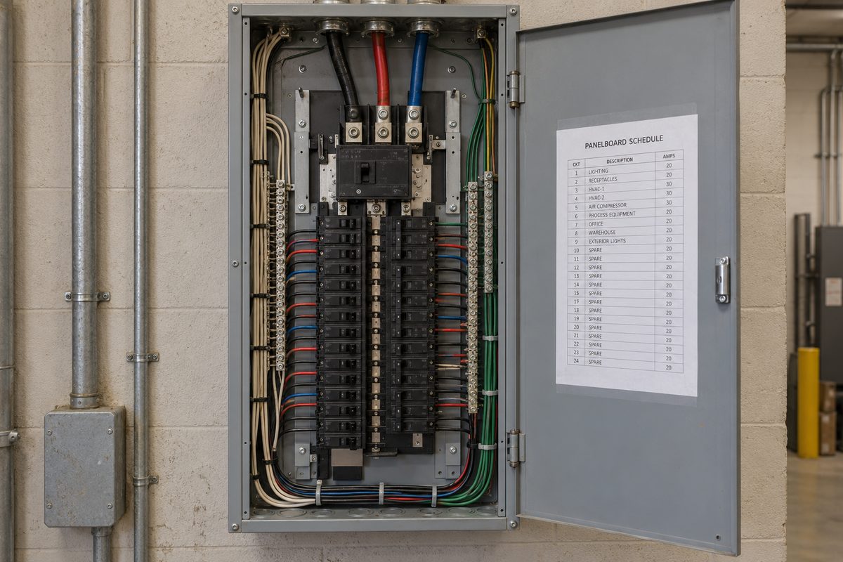 Finished three-phase commercial panelboard with dressed conductors and a typed panel schedule inside the door