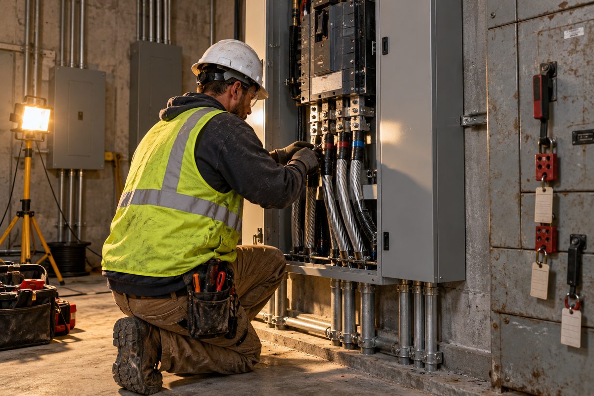 Electrician landing aluminum feeders on a new commercial switchboard in a concrete electrical room