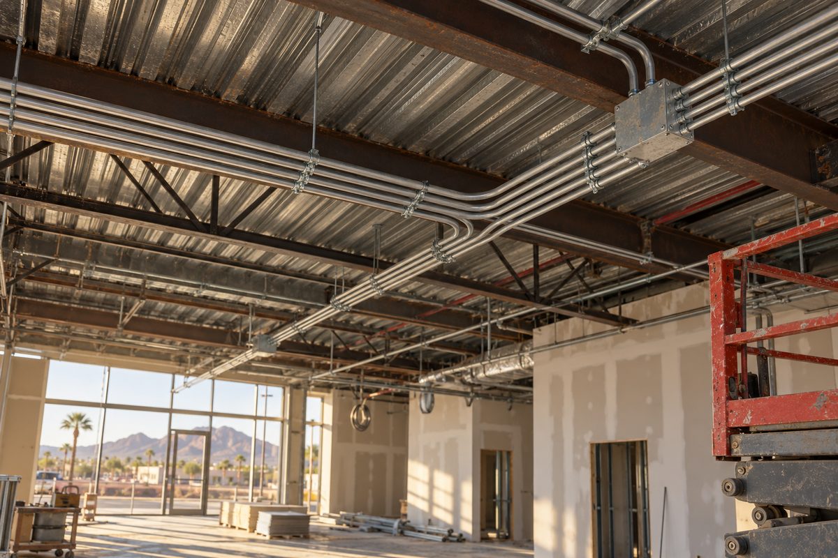 Parallel runs of EMT conduit strapped to an open steel ceiling deck in a tenant-improvement suite