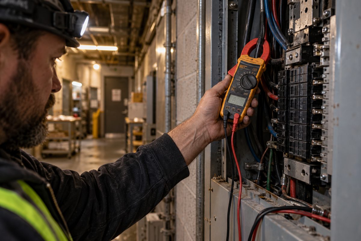 Clamp meter on a conductor inside an open distribution panel during troubleshooting